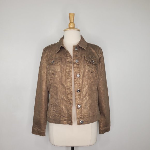 Dressbarn Brown Gold Snakeskin Print Stretchy Bling Buttons Jean Style Jacket M - Picture 1 of 15